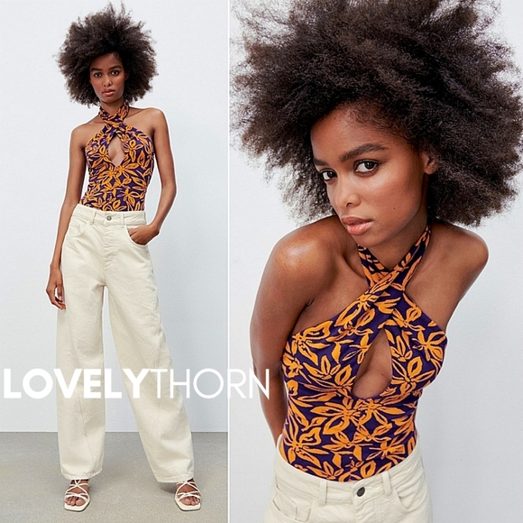 ZARA // purple orange floral jacquard knit keyhole cross halter strap bodysuit - Picture 1 of 15